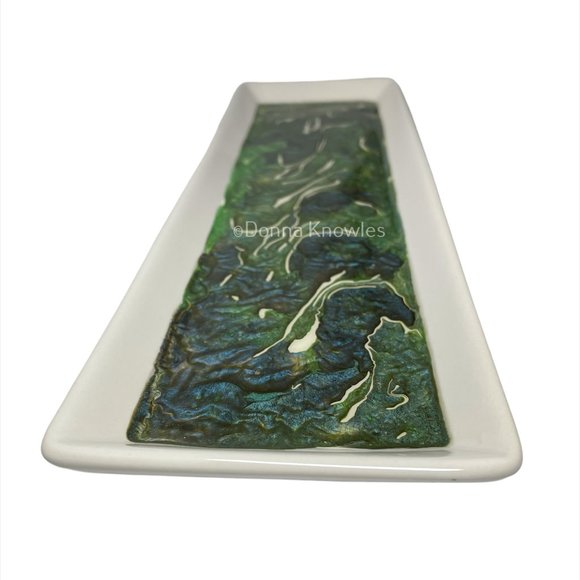 NWOT Fluid Art Ceramic Tray with Metal Stand - Picture 3 of 11